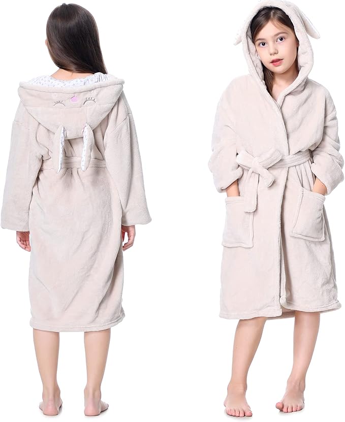 Hooded Herringbone Girl's Fleece Soft Spa Kimono Long Robe,Kids Comfy Sleepwear Bathrobe
