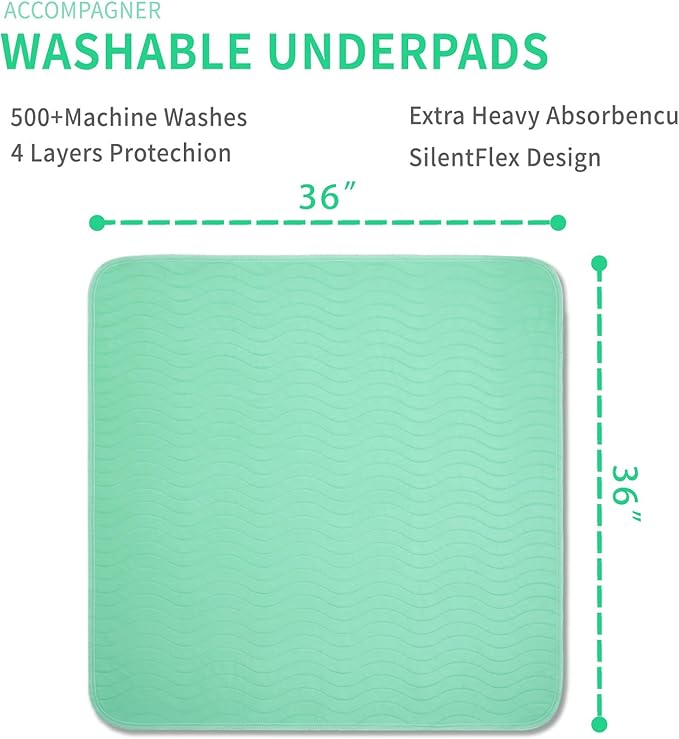 Accompagner Waterproof Reusable for Adults and Pets Washable Pee Pads for Dogs Changing Pad Large Dog Bed Size Adults Incontinence Bed Pads - Non-Slip Leak-Proof (Green, 4Pack-36" x36")