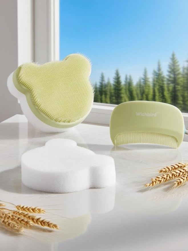 Cloud Baby Cradle Cap Brush & Baby Comb Set, 3-in-1 Cradle Cap Treatment with Soft Brush, Hair Comb & Bath Sponge, BPA-Free, Easy to Use | Infant Bath Essentials - Extra Sponge, Serene Green