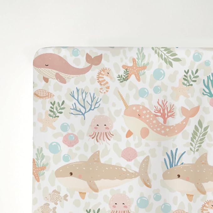Under The Sea Baby Crib Sheets Boy Girl 52"x28" Boho Whale Shark Turtle Fishes Coral Seaweed Soft Snug Fitted Crib Mattress Cover Ocean Marine Coastal Baby Sheet for Standard Crib & Toddler Mattress