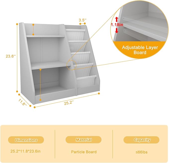 HedoAjim Gray Nursery Bookshelf for Kids 3 Tier Wood Shelf 4 Sling Baby Toddler Bookcase Book Rack with Adjustable Shelf for Boy Girl’s Gift Bedroom Playroom Nursery Classroom Church Kindergarten