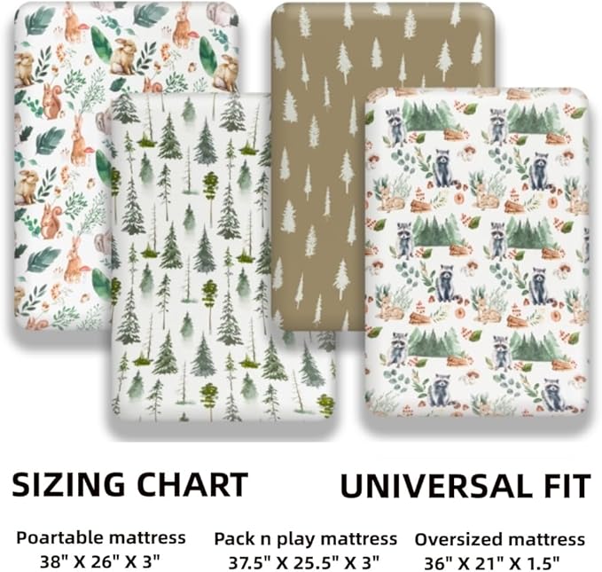 4 Pack N Play Sheets Woodland Forest Animals Wood Neutral Unisex Fitted Baby N Play Sheets Fitted for Standard Pack and Plays and Mini Cribs Set for Baby Boys or Girls (Raccoon)