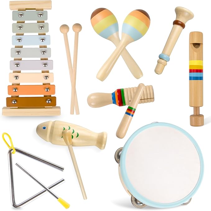 Baby Musical Instruments-Montessori Wooden Toys for Toddlers Age 3 Neutral Colors Percussion Instruments Set with Modern Boho Xylophone for Kids Preschool Educational, Includes Storage Bag