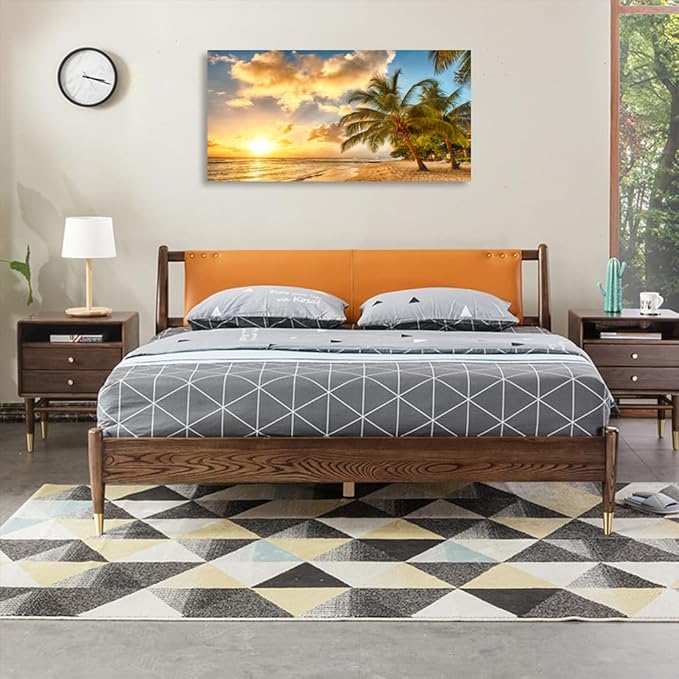 KUNHAAH Wall Art Canvas Painting Golden Ocean Beach Palm Tree 1 Piece Sunset See Coconut Trees Landscape Picture Poster Print Framed and Stretched Ready to Hang for Living Room Bedroom Office Artwork