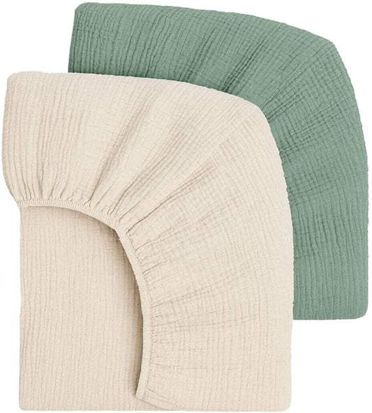 Mère & Moi Muslin Fitted Crib Sheets – 100% Cotton, Ultra-Soft & Breathable Baby Bedding for Standard Crib & Toddler Mattress (28” x 52”) - 2 Pack (Green and Cream)