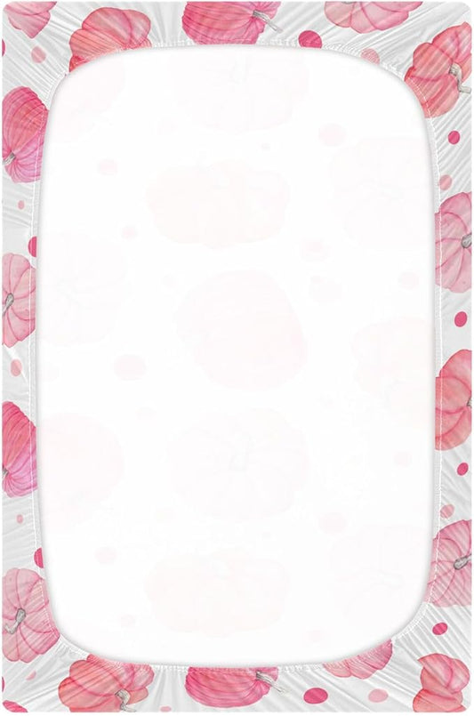 Pink Thanksgiving Pumpkins Crib Sheets Soft Breathable Fitted Baby Crib Sheets Mattress Cover for Girl Boys, 52" x 28" x 9"