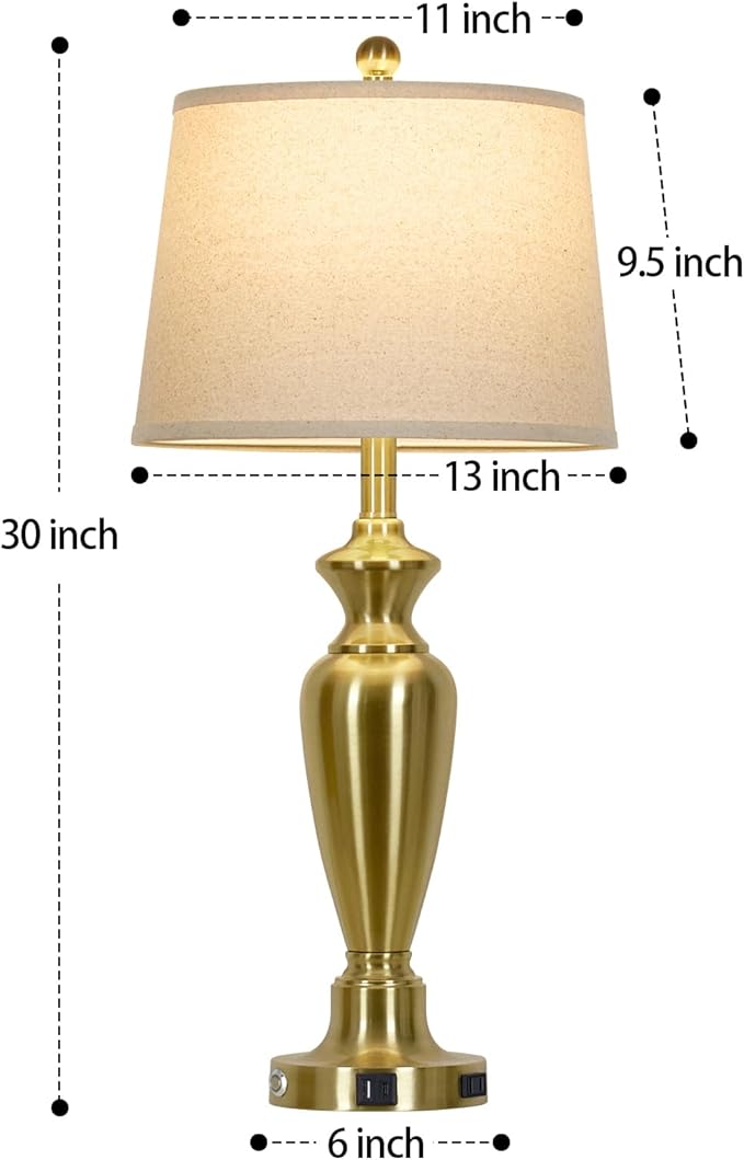 Cinyirong 30" Tall Gold Table Lamp for Living Room, 3-Way Dimmable Touch Control Bedside Lamp for Bedroom Nightstand with USB A+C Ports & AC Outlet (1 Pack)