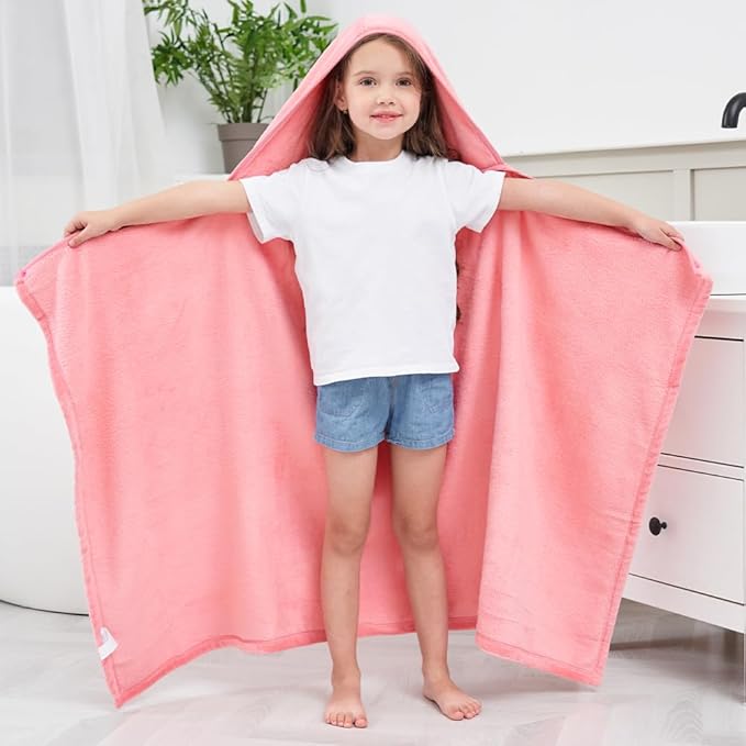 Hiturbo 2Pcs Kids Fleece Hooded Towel: Soft Plush Warm Blanket - 50"x30" Pool Beach Bath Swim Towel Wrap for 3-12 Yrs (Blue+Pink)