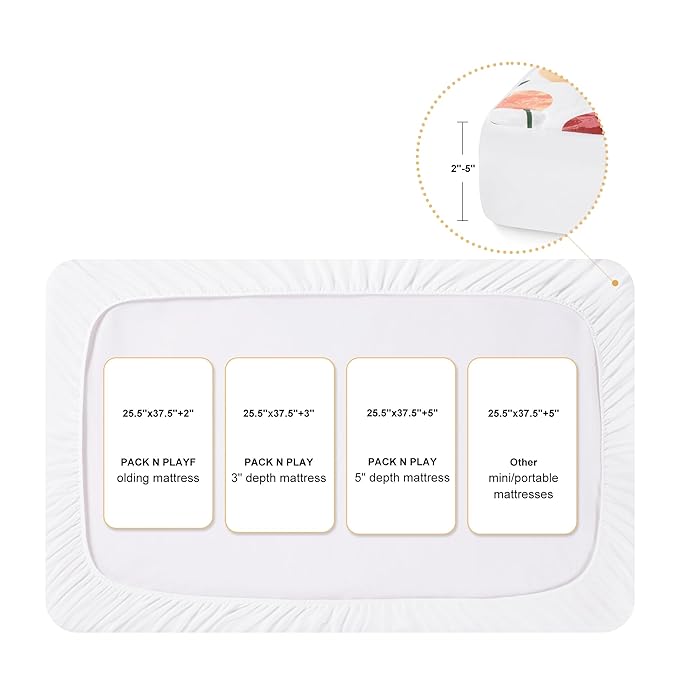TILLYOU Pack and Play Sheet - Soft Quilted Crib Cover Pad, Toddlers Mattress Protector with 1''-3'' Deep Pocket, Thick Play Yard Playpen Sheets, Crib Mattress Pad, 39"x27", Fruit Shadow