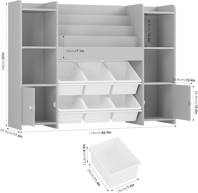 FINETONES Toy Storage Organizer with 6 Toy Bins, Toy Organizer Kids Bookshelf with 6 Cubbies, Toy Organizers and Storage Bins Playroom Storage for Kids Room, Grey