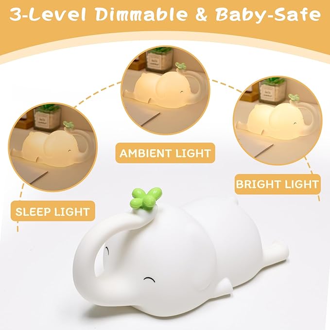 FRDEV Silicone Night Light for Kids, Squishy Elephant Lamp - 3 Level Dimmable Rechargeable with Timer, Safe Bedside Light for Nursery Toddler Room