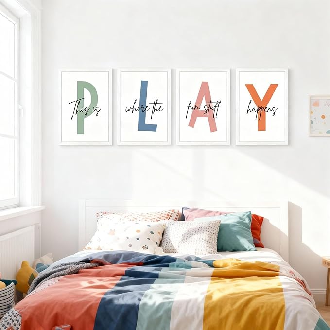 Cute Alphabet Play Framed Wall Art Set of 4, Natural Educational Alphabet Wooden Sign for Baby Girl Kid Boy Toddlers, White Boho Preschool English Letters Nursery Decor for Homeschool Playroom