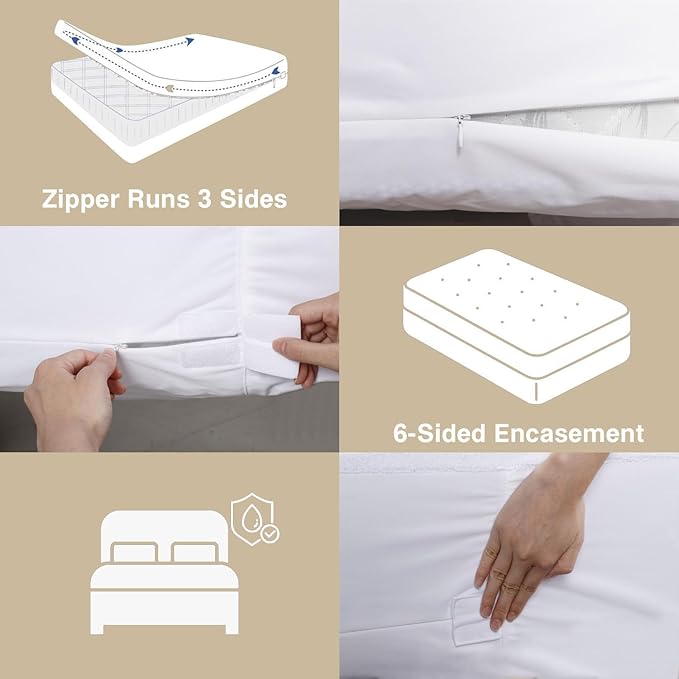 Queen Zippered Mattress Protector,Absorbent Six-Sided Mattress Cover Queen Size Bed, 15-18 Inch Noiseless Washable Mattress Encasement, Sleep Defense System, Hypoallergenic & Soft