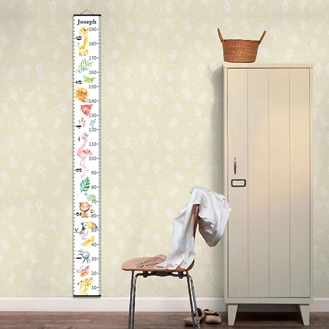 Personalized Growth Chart for Kids, Baby Height Chart with Custom Name, 77"x7.9" Canvas and Black Wood Height Measuring Rulers for Boys Girls Removable Wall Ruler Hanging for Nursery Decor - Animals