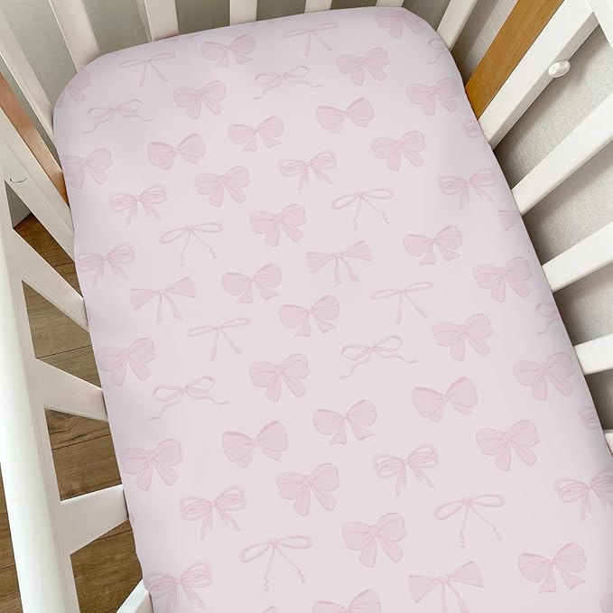Pastel Pink Bows Baby Crib Sheets for Boys Girls Preppy Girly Ribbons Soft Snug Fitted Crib Mattress Covers for 52''x28'' Standard Crib & Toddler Mattress Cute Valentine Bows Nursery Bed Sheets
