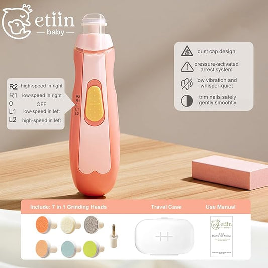 Baby Nail Trimmer Electric | Safe + Easy Baby Nail Trimmer, Baby Nail Clippers + Nail Filer Buffer, Trim Polish Grooming Kits for Newborn Toddler or Adults’ Nails, 7 Grinding Heads and LED Light