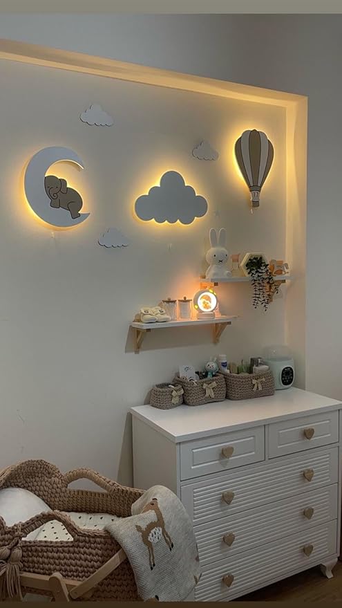 BugyBagy Nursery Wall Lamp Set – 3 Hand Painted Night Lights for Baby Room (Hot Air Balloon, Cloud, Elephant on Moon) + Bonus Wall Stickers – Soft Linen Colors (Beige Theme)