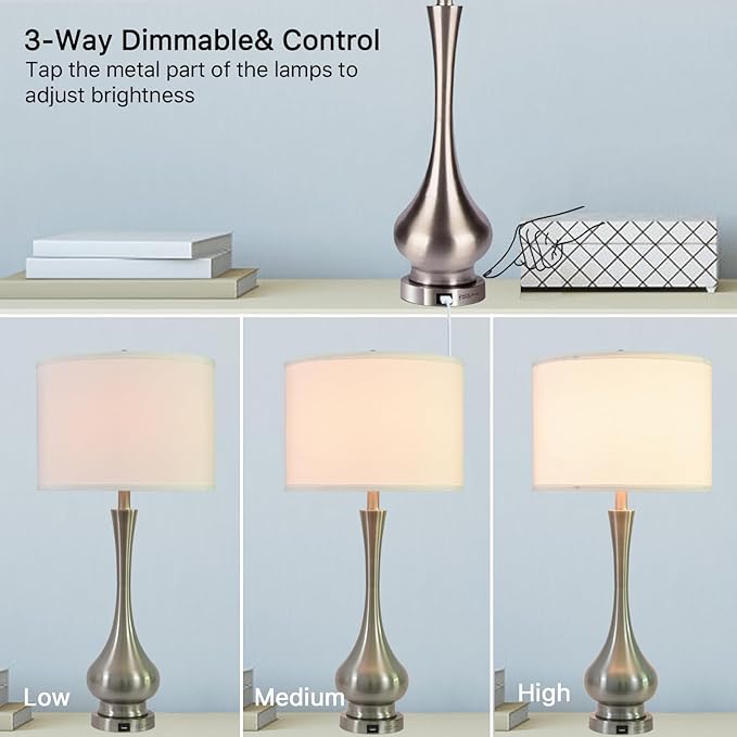 MWWANJLEE Touch Lamp for Bedroom, Nightstand Lamp with USB Port & White Shade, Tall 30" Beside Lamps with Metal Base Design, 3 Way Dimmable Touch Control Table Lamps for Living Room, Bedroom, Office