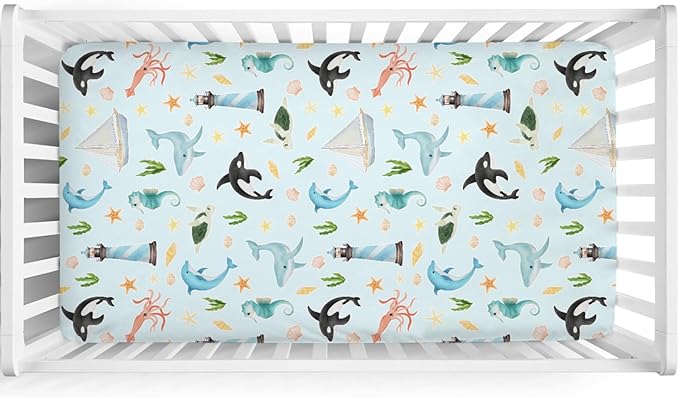 Colorful Sea Animals Baby Crib Sheet 52''x28'' Ocean Whale Dolphin Turtle Shells Coral Lighthouse Ship Stretchy Fitted Crib Mattress Cover for Boy Girl Baby Sheets for Standard Crib Toddler Mattress