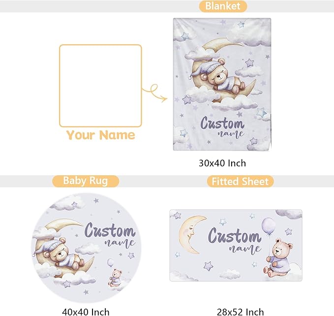 Custom Baby Bedding Set, 3 Pcs Personalized Name Crib Bedding Set for Nursery, Soft Double Layer Baby Crib Set for Boys Girls, Customized Gifts for New Parents Infants Toddlers, Purple Bear