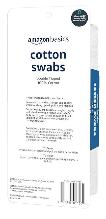Amazon Basics Cotton Swabs for Personal Hygiene and Baby Care, 500 Count, 1 Pack