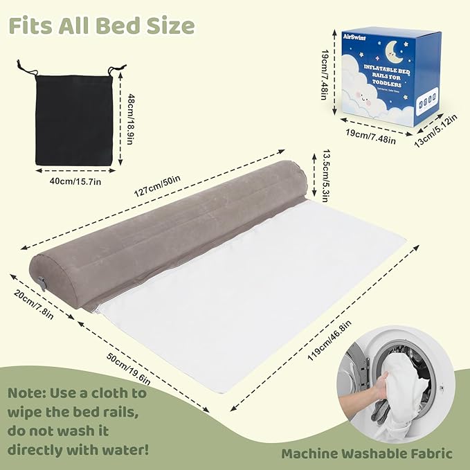 2 Pack Inflatable Travel Bed Rails for Toddlers, Flocking Portable Bed Rail for Toddlers with Non-Slip Base, Safe Toddler Bed Bumper for Queen, Full, Twin, King Size Bed, Hotel, Vacation