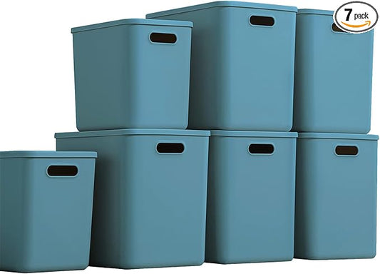 GUMEIGODA Plastic Storage Bins with lids,Storage Baskets,Container with handle,Storage Organizer Bins for Shelves,Office,Bedrooms,Closets, Cabinets (Blue, 5XL+2L)
