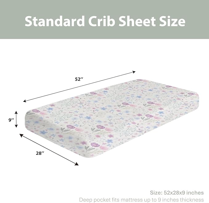 Whimsy Floral Watercolor Baby Crib Sheets for Boy Girl 28"x52" Pink Purple Wildflowers Soft Snug Fitted Crib Mattress Cover Boho Colorful Garden Flowers Baby Sheet for Crib & Toddler Bed Mattresses