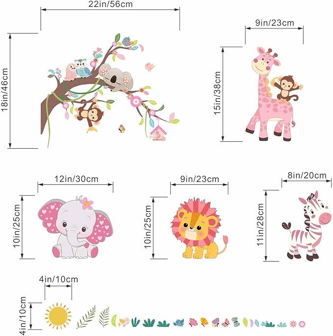 Amimagen Pink Forest Baby Animals Wall Decals - Elephant Lion Giraffe Monkey Zebra Wall Stickers - Nursery Kids Girls Boys Room Daycare Playroom Classroom Wall Decor