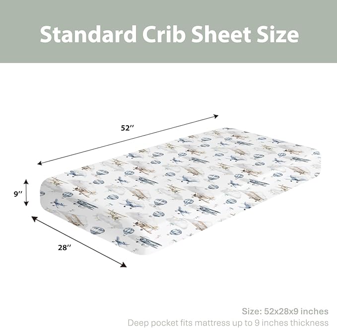 Vintage Planes Airplanes Helicopters Baby Crib Sheets Boy Girl 28"x52" Hot Air Balloon Plane Clouds Sky Soft Stretchy Fitted Crib Mattress Cover Baby Sheet for Standard Crib & Toddler Mattress Pad