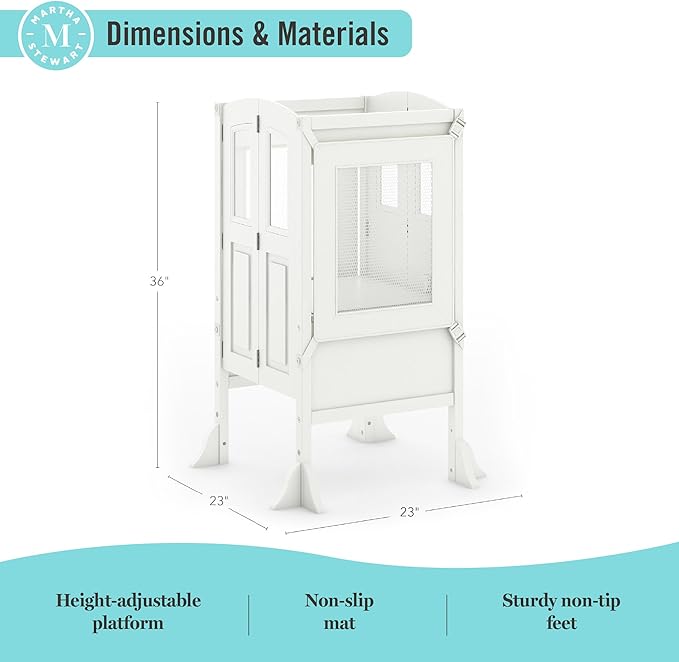 Martha Stewart Kitchen Helper Toddler Tower by Guidecraft - Linen White | Foldable Wooden Learning Toddler Standing Tower & Adjustable Step Stool | Montessori Kids Counter Height Kitchen Stool