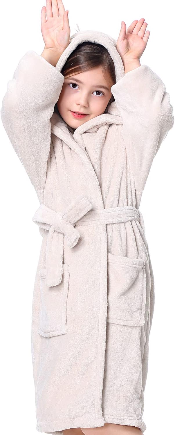 Hooded Herringbone Girl's Fleece Soft Spa Kimono Long Robe,Kids Comfy Sleepwear Bathrobe
