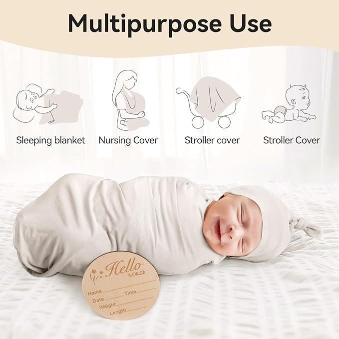 Rayon Made from Bamboo Newborn Swaddle Blanket Set with Matching Beanie, Super Soft Stretchy Baby Clothes Outfit for Girl Boy, Receiving Blankets Newborn Essentials, 47 x 47 Inch
