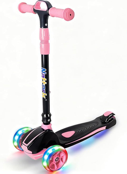 Nattork Kids Scooter for Age 3-8, Toddler Scooter with 4 Adjustable Height for Boys & Girls, Light Up 3-Wheels Foldable Kick Scooter, Lean to Steer, 120LB Weight Capacity