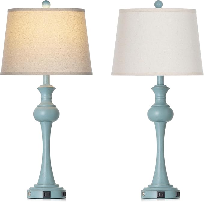Cinyirong 29" Coastal Table Lamp Set of 2, 3-Way Dimmable Touch-Control Bedside Lamps with USB-A+C Ports, Vintage Farmhouse Nightstand Lamps for Bedroom, Retro Blue (Includes 2 LED Bulbs)
