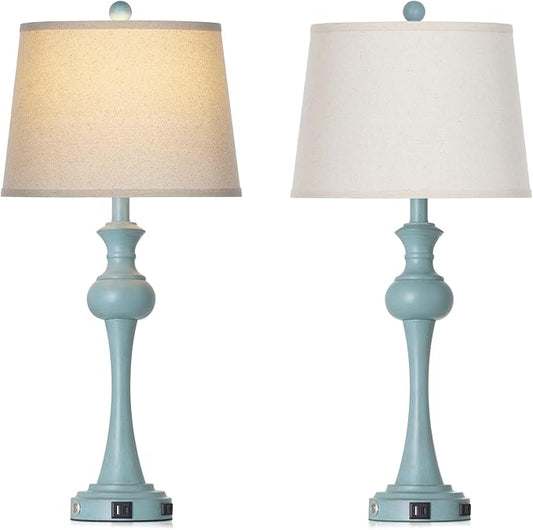 Cinyirong 29" Coastal Table Lamp Set of 2, 3-Way Dimmable Touch-Control Bedside Lamps with USB-A+C Ports, Vintage Farmhouse Nightstand Lamps for Bedroom, Retro Blue (Includes 2 LED Bulbs)