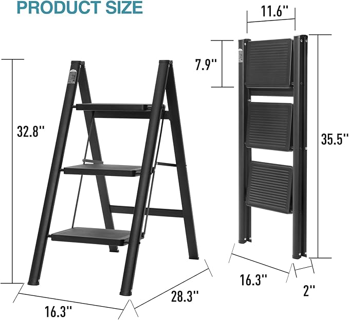 BOCOM 3 Step Ladder, Lightweight Portable Foldable Collapsible Folding Sturdy Iron Metal Step Stool with Anti-Slip Wide Pedal, Heavy Duty 330 lbs Capacity, for Home, Kitchen, Closet, Adults, Black