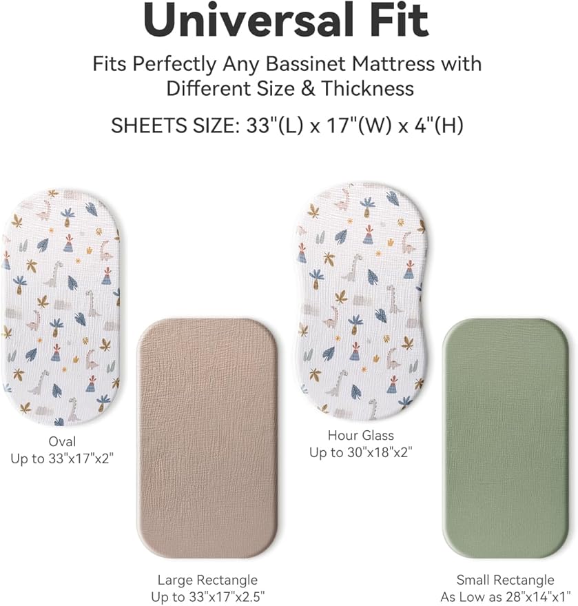 TILLYOU Muslin Bassinet Sheets for Baby Boys Girls 3 Pack, Soft Breathable Elastic Cotton Bassinet Mattress Sheets, Fit Hourglass Oval Rectangle Cradle Mattress, 33"X17",Dinosaur