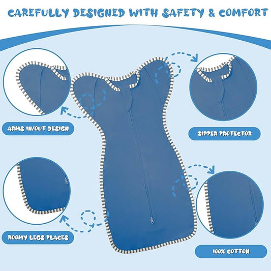Transitional Swaddle 6-9 Months Baby Wearable Blanket, 2-Pack Infant Sleep Sack Arms up Swaddles with 2-Way Zipper Arms In/Out 100% Cotton 0.8 Tog Baby Transition Swaddle Sack (Large 20-27lbs)