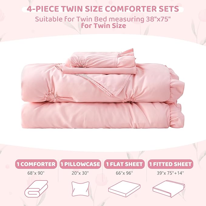 Wowelife Twin Comforter Set for Girls, Boho Pintuck Bedding Comforter Sets, 4 Pieces Ruffles Jacquard Embroidery Twin Bedding Sets with Comforter, Fitted Sheet, Flat Sheet and Pillowcase, Pink