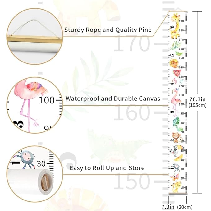 Nustila Flowers Plants Growth Chart for Kids Baby Height Chart Ruler Removable Canvas Wooden Frame Hanging Wall Rulers Measurement Charts for Floral Toddler Room Decor - 79"X7.9" with Beige Wood