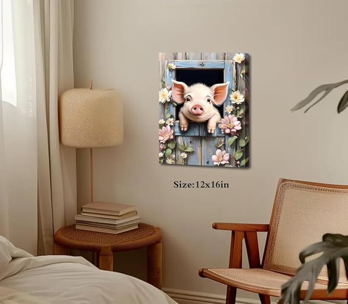 LNLAGBO Farm Animals Canvas Wall Art,Funny Pig Canvas Wall Art Print,Rustic Farmhouse Piggy Looking Over Wooden Fence Picture Prints for Bathroom Bedroom Living Room Decor-12 x16