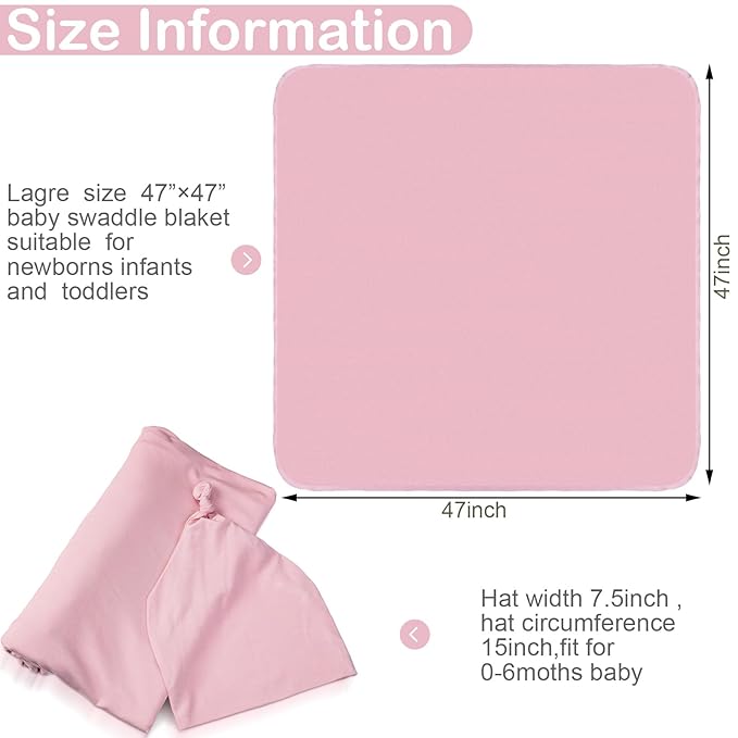 JaGely 2 Pcs Stretchy Baby Swaddle Blankets Set Extra Soft 47" x 47" Baby Newborn Swaddle Blanket and Hat(Pink, Light Purple)
