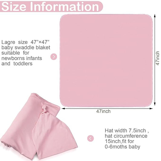 JaGely 2 Pcs Stretchy Baby Swaddle Blankets Set Extra Soft 47" x 47" Baby Newborn Swaddle Blanket and Hat(Pink, Light Purple)