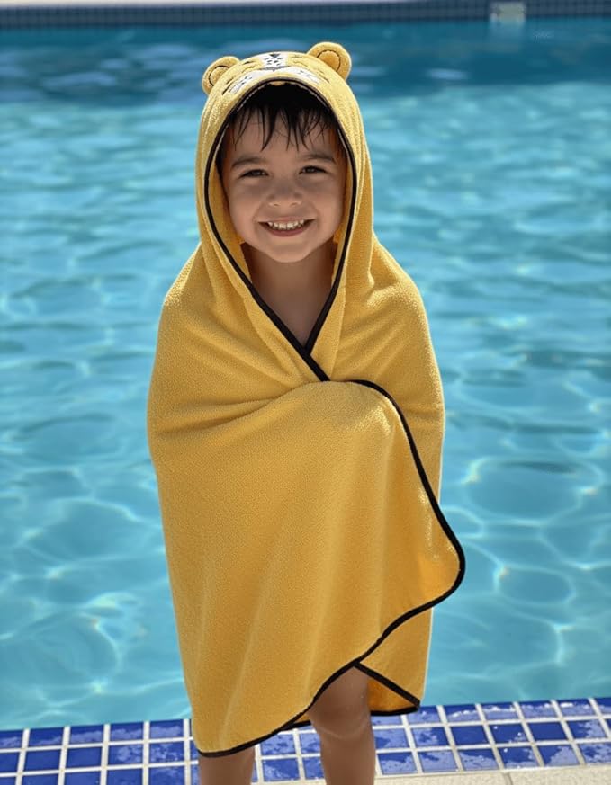 BAGNO MILANO Kids Organic Turkish Cotton Hooded Beach Cover-Up Towel, GOTS Certified, for Boys and Girls (Tiger Yellow, 24"x48"+8"/Hooded Towel)