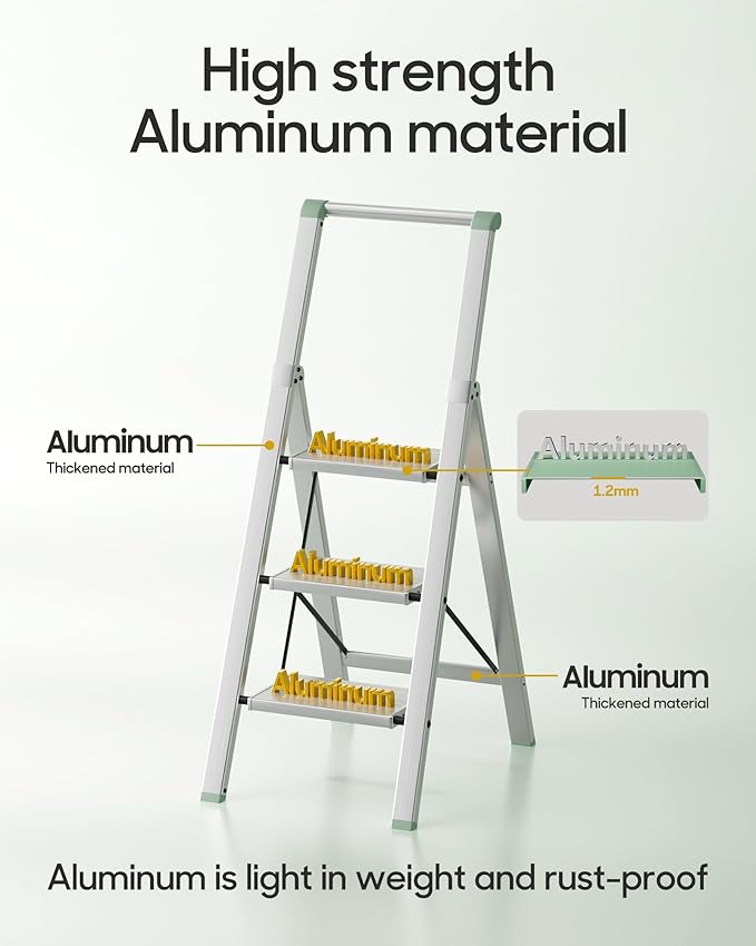 HillhutApex 3 Step Foldable Aluminum Step Ladder with Handgrip, Anti-Slip Pedal, 330 lbs Capacity, Lightweight & Portable for Home, Kitchen, Office, Garage (Pale Green)