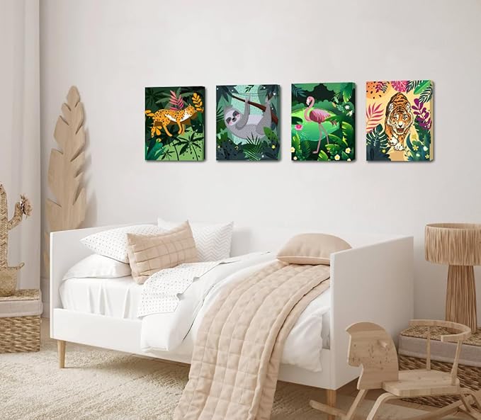 Framed Baby Safari Animal Wall Art Prints,Tropical Jungle Safari Animal Wall Art,leopard Tiger Flamingo Tiger Palm Botanical Leaves Canvas Prints for Baby Kids Room Decor Set of 6 (8"X10")