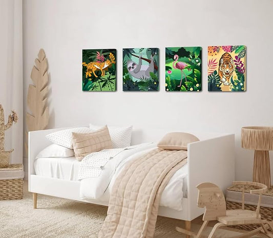 Framed Baby Safari Animal Wall Art Prints,Tropical Jungle Safari Animal Wall Art,leopard Tiger Flamingo Tiger Palm Botanical Leaves Canvas Prints for Baby Kids Room Decor Set of 6 (8"X10")