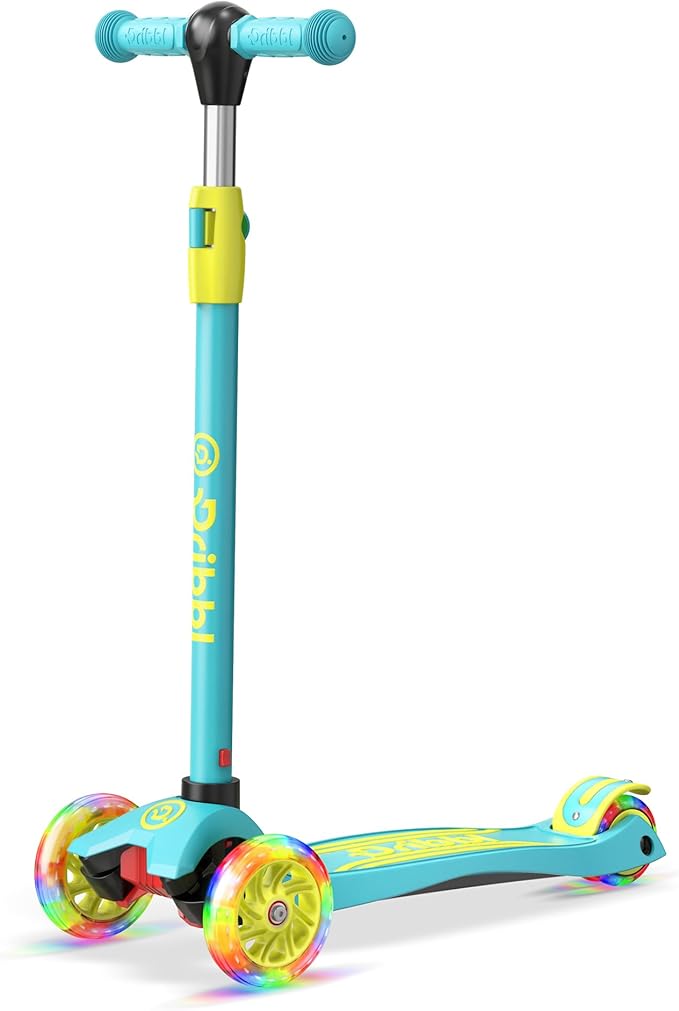 Dribbl 3-Wheel Kids Scooter - Lean-to-Steer Technology, Adjustable Height Handlebar, Wide Deck, Scooter for Boys & Girls Ages 3+, Child Safety Approved, Support Riders Up to 165 lbs, Aqua and Yellow