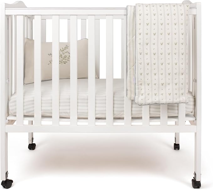 Ely's & Co. Mini Crib Bedding Set for Boys, 4 Piece Set Includes – 1 Fitted Mini Crib Sheet, Quilted Comforter and Decorative Pillowcase with Insert, Blue Linear Berry Collection